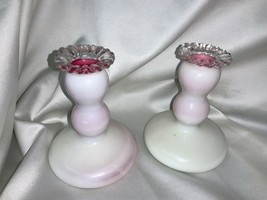 Pair Vintage Fenton Art Glass Peach Blow Silver Crest Candlestick Holders - £47.85 GBP