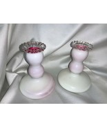 Pair Vintage Fenton Art Glass Peach Blow Silver Crest Candlestick Holders - £47.54 GBP