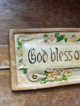 Vintage Tan w Pink Dogwood Flowers GOD BLESS OUR HOME Chalkware Plaque Wall Hang - £7.58 GBP