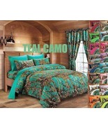 3 PC TEAL CAMO COMFORTER BED SPREAD QUEEN CAMOUFLAGE BLUE GREEN HUNT WOO... - $100.44 CAD