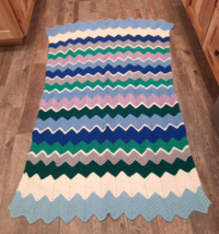 VTG Retro Zig Zag Crochet Afghan Blanket Chevron 37” x 62” Blue Lilac WHT Green - £20.96 GBP