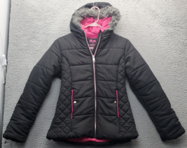 RM 1958 Puffer Jacket Youth 14/16 Black Faux Fur Trim Hood Snap Pocket F... - $24.25