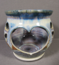 Studio Art Pottery Candle Holder Open Heart Bands of Blue Hues 4&quot; Well M... - $12.77