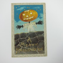 Vintage Halloween Postcard Jack-O-Lantern Pumpkin Scarecrow Stars Gold Embossed - £31.92 GBP