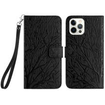 For iPhone 15 Pro Tree Birds Embossed Pattern Leather Phone Case(Black) - £3.94 GBP