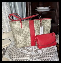 2 Pc Set Tan Red Liz Claiborne LISA Monogram Large Tote Shoulder Handbag... - $68.00