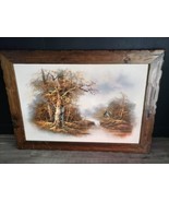 Oil Painting On Canvas Framed Cabin Fall Winter Landscape Scene Signed 4... - $282.15