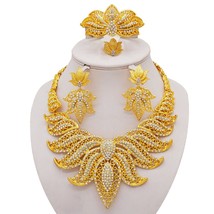 African Jewelry Sets Fashion gold Leaves Shape Crystal Necklace Bracelet Ring Ea - £28.16 GBP