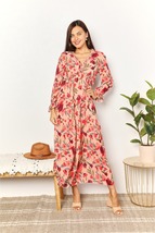 Double Take Red Floral Frill Trim V Neck Long Flounce Sleeve Plunge Maxi... - $39.00