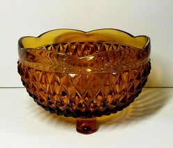 Amber Vintage Indiana Glass Diamond Point 3 Footed Candy Nut Dish Bowl - £14.80 GBP