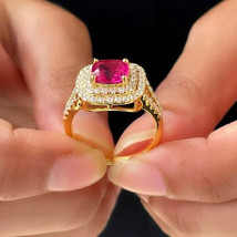 2.50Ct Cushion Cut Simulated Red Ruby Engagement Ring 14K Yellow Gold Plated - £46.28 GBP