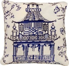 Pillow Throw Pagoda 18x18 Blue Down Insert Wool Cotton Velvet Back Needlepoint - $299.00