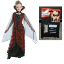 Girls Vampiress Winged Black Red Dress Collar Makeup 3 Pc Halloween Costume- 4/6 - £11.97 GBP