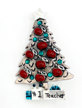 Kenneth Cole Best Teacher Red Apples Pewter Christmas Tree Brooch Pin - $13.86