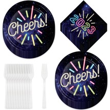 HOME &amp; HOOPLA Neon New Year&#39;s Party Cheers Round Paper Dessert Plates, 2023 Napk - £12.03 GBP