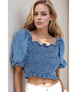 Puff Sleeve Smocked Cropped Denim Top - $49.98 CAD