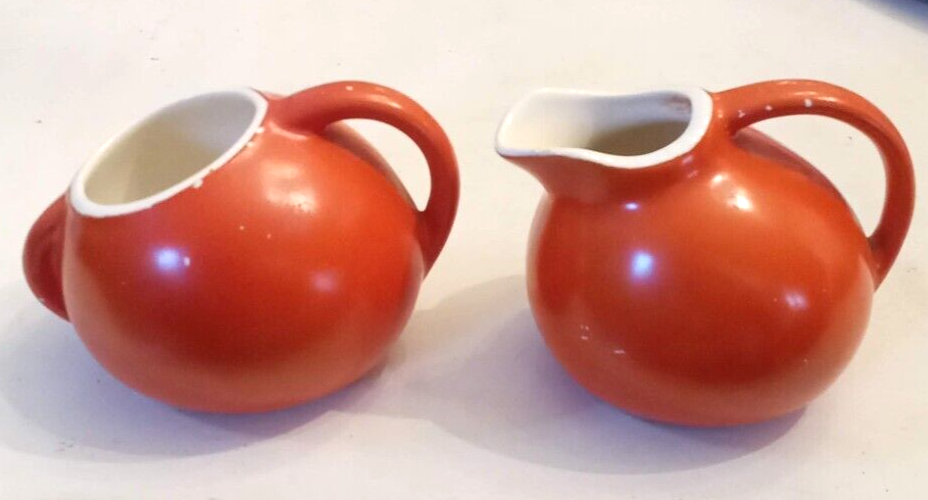Cameron Clay Tilt Ball Creamer &amp; Sugar Tomato Orange Cottage Chic Pottery - $17.76