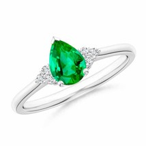 ANGARA Pear Emerald Solitaire Ring with Trio Diamond Accents in 14K Gold - £1,433.14 GBP