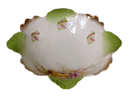 Antique Serving Bowl Yellow Roses Pink Snapdragons Leaf Edge Chartreuse - $23.08