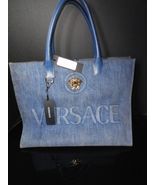 Versace Gold Logo La Medusa  Fabric Calf Leather  Denim  Blue Large Tote... - $1,364.01 CAD