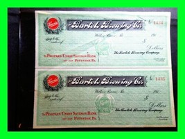 2 Rare 1910 Bartels Brewing Co Bank Checks People Union Savings Bank Pittston PA - £35.04 GBP