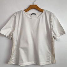 Zara L T-Shirt White Crew Neck Short Sleeve Pullover Rib Crop Side Slits Casual - £11.86 GBP
