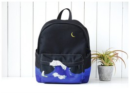 Moon Wood Women Backpack Black Blue Travel Bag Print Sea Moon Casual Canvas Back - £37.90 GBP