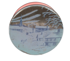 Vintage Holiday Cookie Tin 7.5 Inces Diameter Snowy Village Scene Red Bo... - $5.99