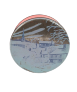 Vintage Holiday Cookie Tin 7.5 Inces Diameter Snowy Village Scene Red Bo... - $5.99