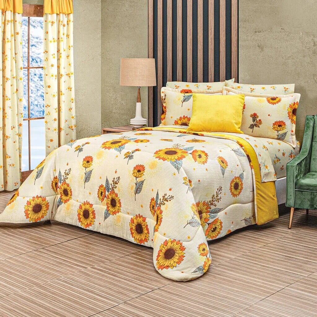 SUNFLOWERS BLANKET WITH SHERPA SOFTY THICK & WARM & SHEET SET 8 PCS QUEEN SIZE - £110.78 GBP