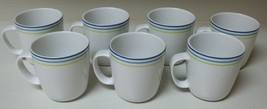 Crate &amp; Barrel Stoneware Set of 7 Cups Mugs White W Green Blue Rings - £35.57 GBP
