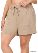 Zenana  1X Cotton Drawstring Waist Shorts with Pockets Ash Mocha - $14.36