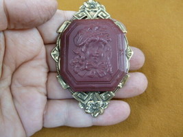 (CL29-3) GIRL w/ Bonnet curls burgundy CAMEO brass Pin Pendant Jewelry NECKLACE - £27.86 GBP