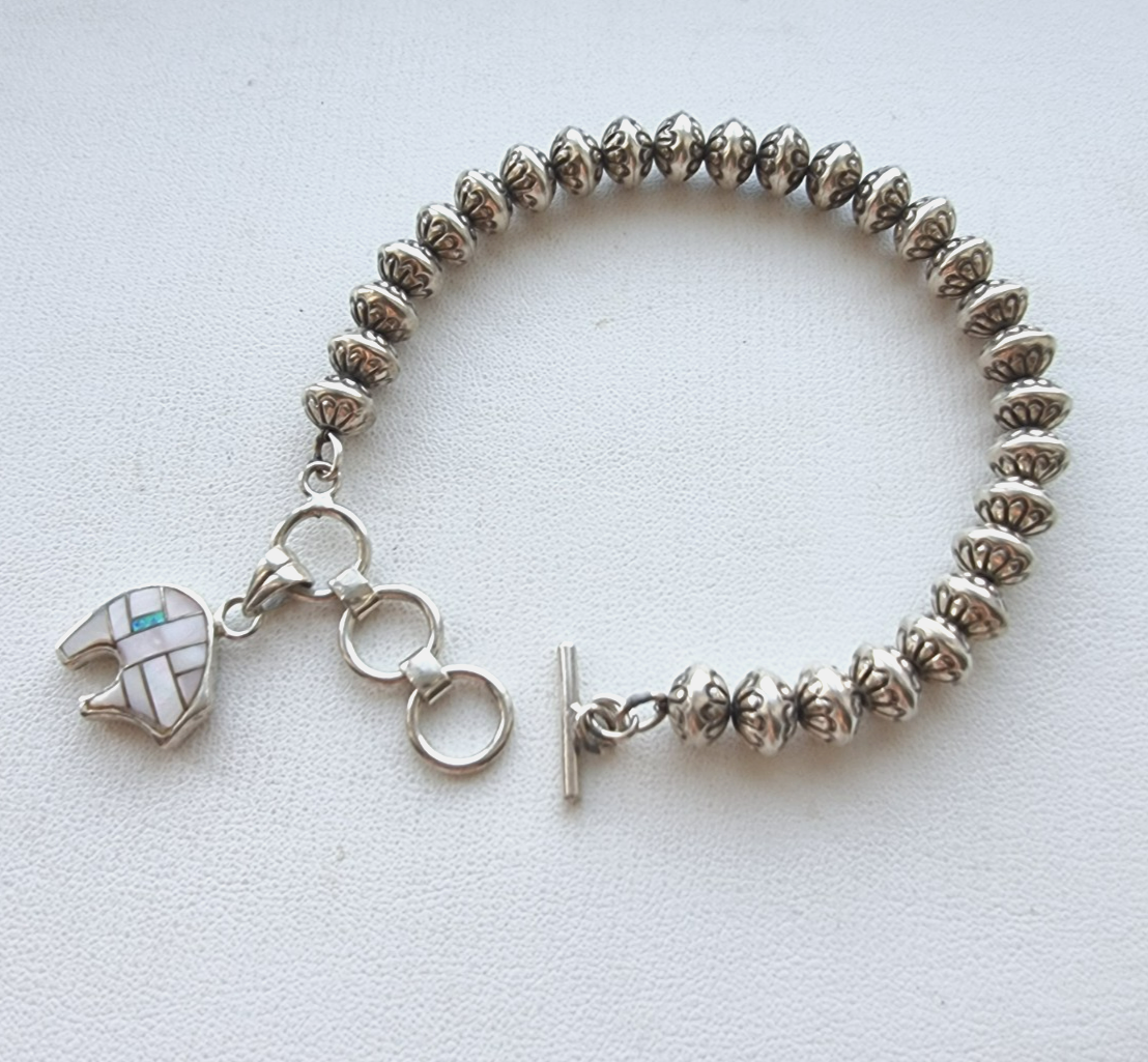 VINTAGE SILVER FLOWER STAMPED ''NAVAJO PEARLS''  BEAD BRACELET 32.6 g  8" Item image 2