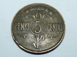 Vintage 1925 Lithuania Coin 5 Centai XF-40, King&#39;s Norton, Aluminum-Bron... - $700.54 MXN