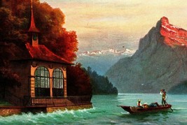 Vtg Postcard 1907 Scenes in Switzerland Postcard - Boat &amp; Chapel on Water - £4.62 GBP