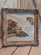 Completed Needlepoint White Kitten/Floral/Birdhouse/Prayer In A 15X15&quot; Frame - £42.76 GBP