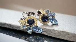 Vintage Signed EISENBERG ICE Gold Tone Blue Rhinestone Clip Earrings - £39.10 GBP