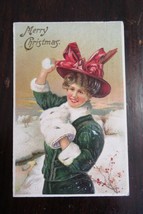 Antique Christmas Postcard - Victorian Lady with Snowball in Winter Snow... - £7.98 GBP