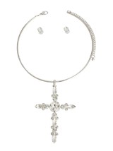 Women Silver Clear Marquise Crystal Collar Choker Cross Fashion Necklace Set - £36.02 GBP