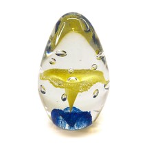 Vintage Art Glass Egg Shaped Paperweight Yellow Blue Trumpet Flower Bubb... - £17.38 GBP