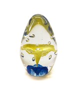 Vintage Art Glass Egg Shaped Paperweight Yellow Blue Trumpet Flower Bubb... - £17.20 GBP