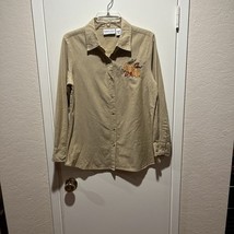 Country Store Tan Embroidered Pumpkins Button Down Roll Tab Sleeve Fall ... - $11.83