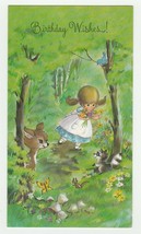 Vintage Birthday Card Girl Picks Flowers Deer Raccoon 1960&#39;s Olympicard - £7.88 GBP