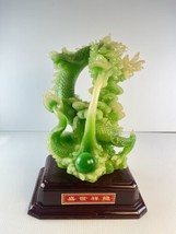 Prosperous Dragon Large Jade Green Glass with Marble Wood Base 12&quot;T Chin... - £79.91 GBP