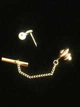 Vintage 60s Gold Hoop and Faux Pearl Tie Tack with Chain image 3