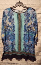 Catherines Womens Plus 3X Pullover Tunic  Top Bell  Sleeves Blue Yellow Paisley - £15.49 GBP