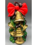 Vtg Christmas Wax Candle Gold Bells with Red Bow &amp; Greenery - $128.42 MXN