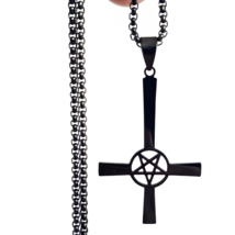 Inverted Cross Pentagram Pendant Necklace Black Steel 24&quot; Chain Unisex Jewellery - £6.59 GBP