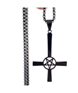 Inverted Cross Pentagram Pendant Necklace Black Steel 24&quot; Chain Unisex J... - $8.25